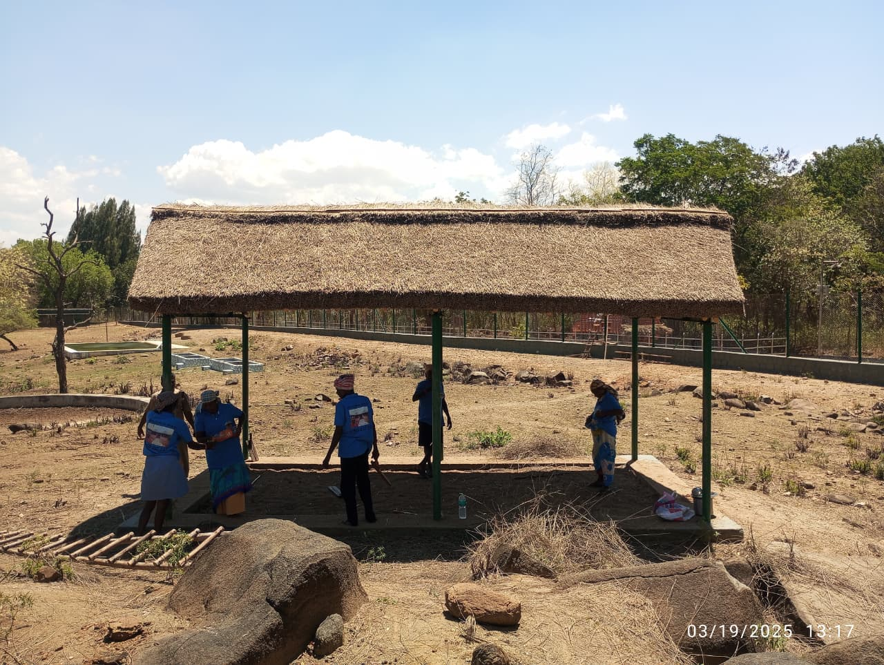 Eco resort cottage with thatched roof exterior