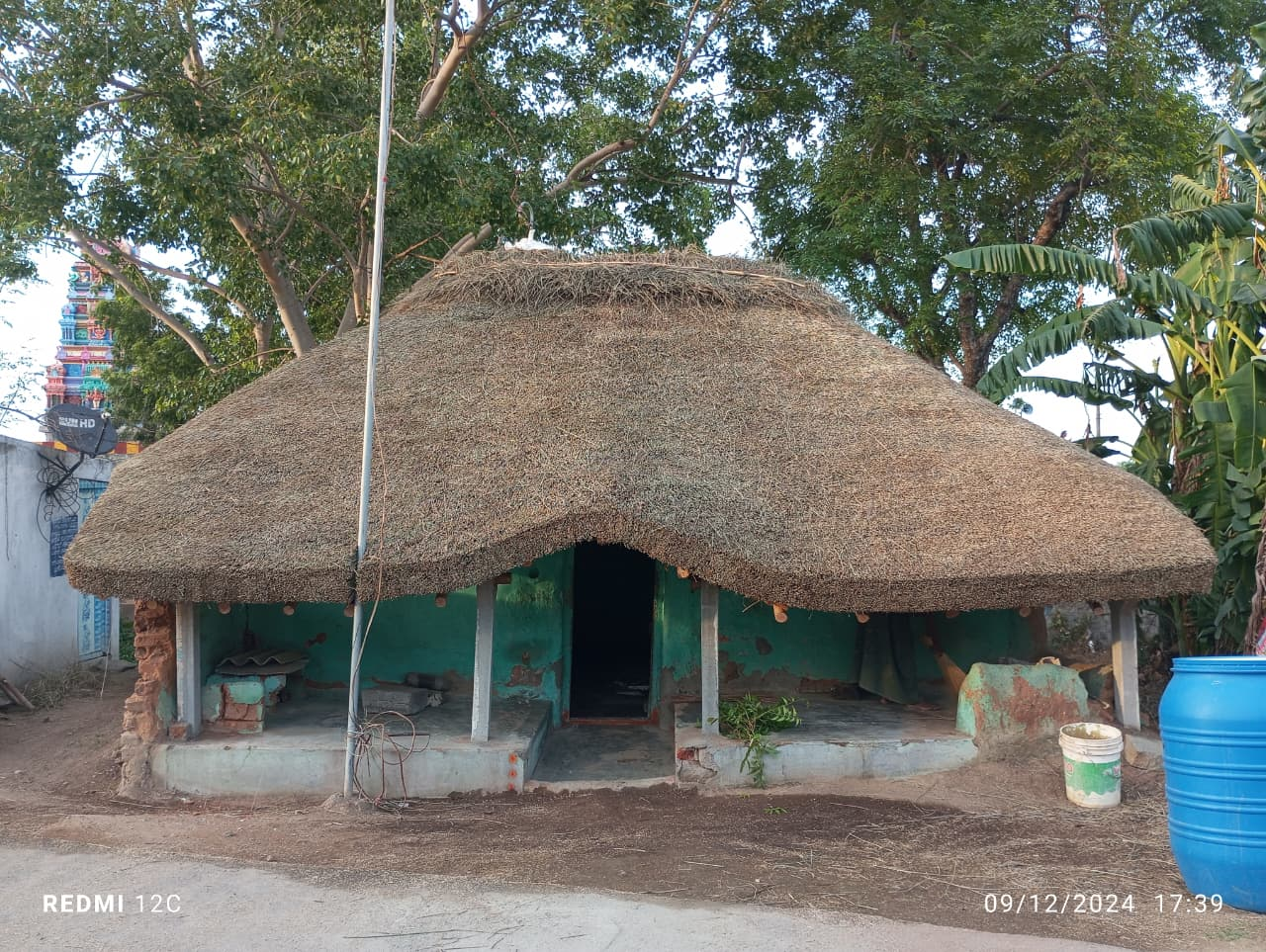 Farmhouse with thatched roof and wooden porch